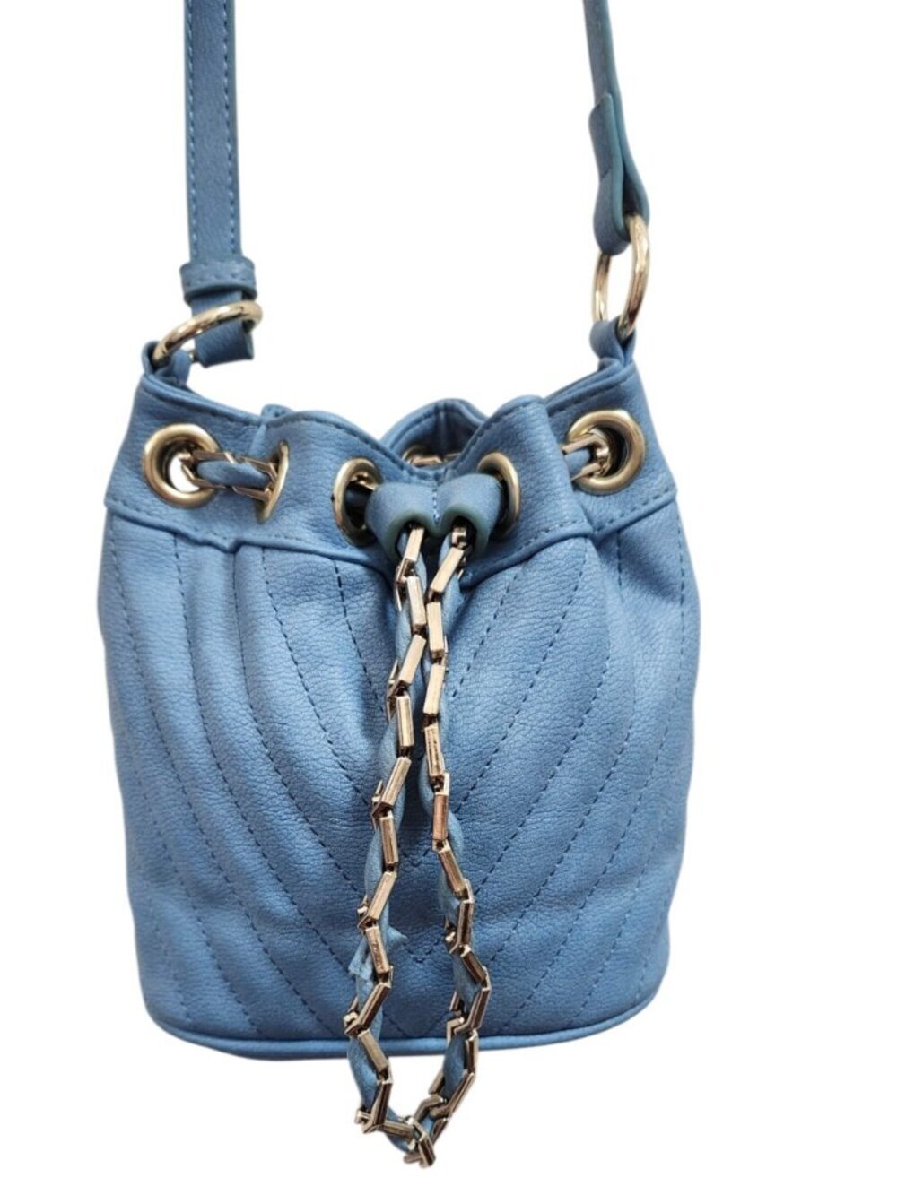 Free People Blue Faux Leather Mini Bucket Bag Gold Chain Drawstring Crossbody - Picture 3 of 14